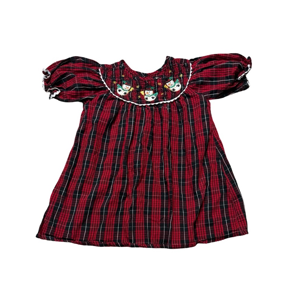 🎄 Toffee Apple Smocked‎ Snowman Plaid Dress Girls Size 2T 🎄